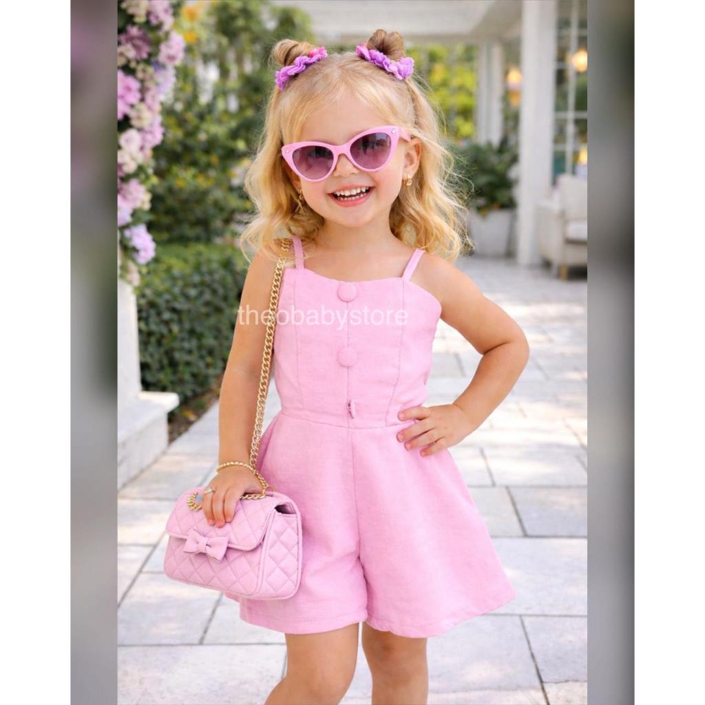 Macaquinho Infantil Blogueirinha Com Botões Amarração Botão Alcinha Moderno Menina Influencer Mini Fashionista Rosa Look