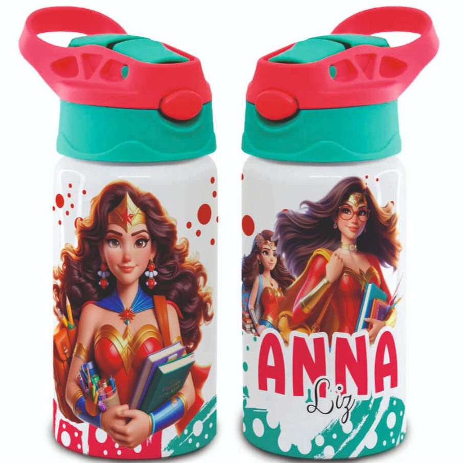 Garrafinha Escolar Personalizada MULHER MARAVILHA com Nome | Presente Infantil | Volta às Aulas | Squeeze Escolar