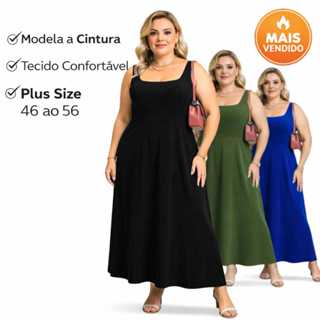 Vestido Plus Size Feminino com Elastex nas Costas de Alça Larga Liso em Oferta na Shopee