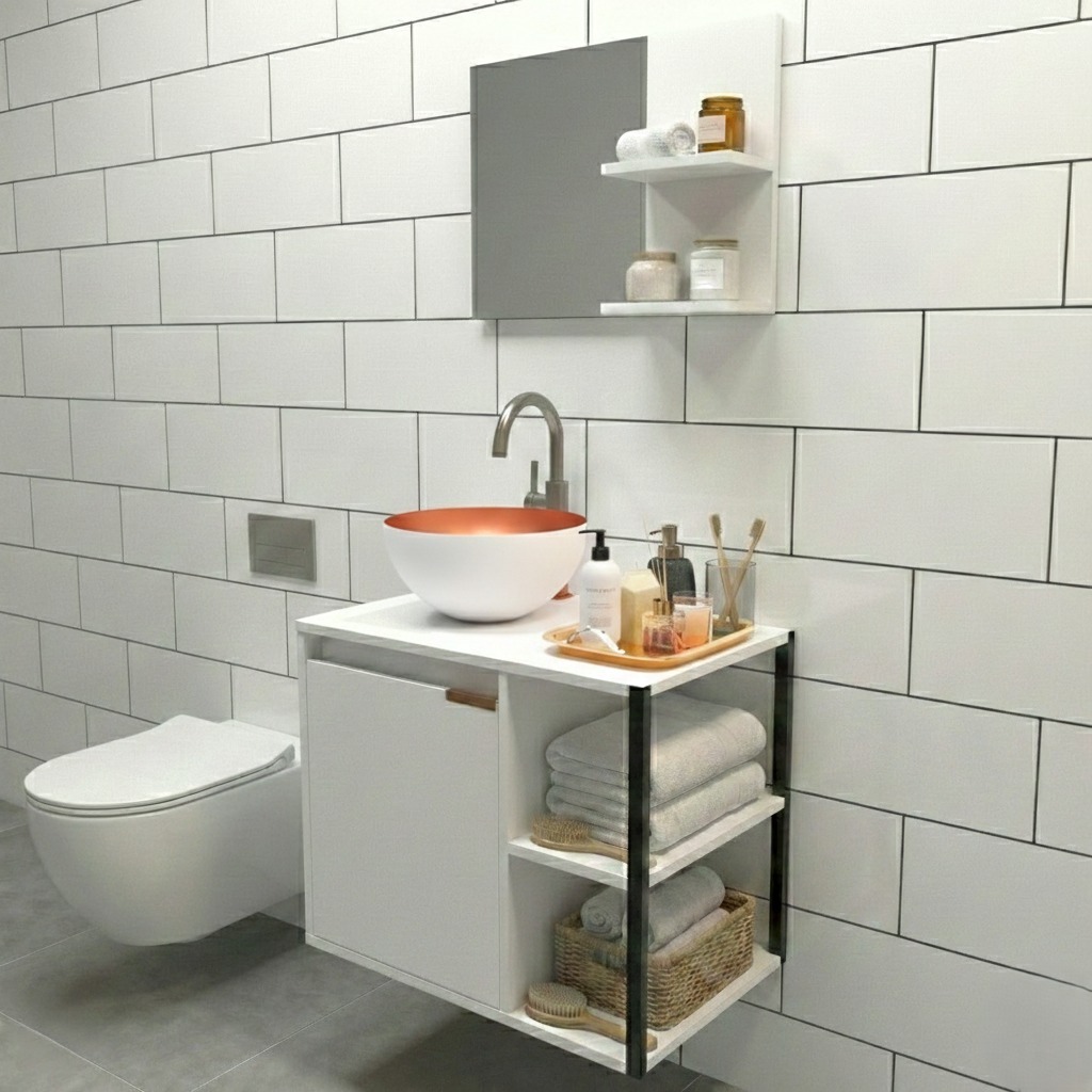 QUEIMA DE ESTOQUE - Kit Completo com Gabinete Retrô Industrial para Banheiro + Cuba e Espelho