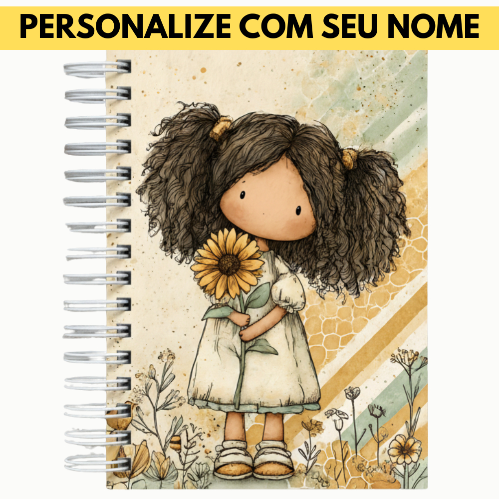 Caderno A5 Floral Personalizado | Margaridas e Girassol | Capa Dura | 200 páginas | Caderno Vintage