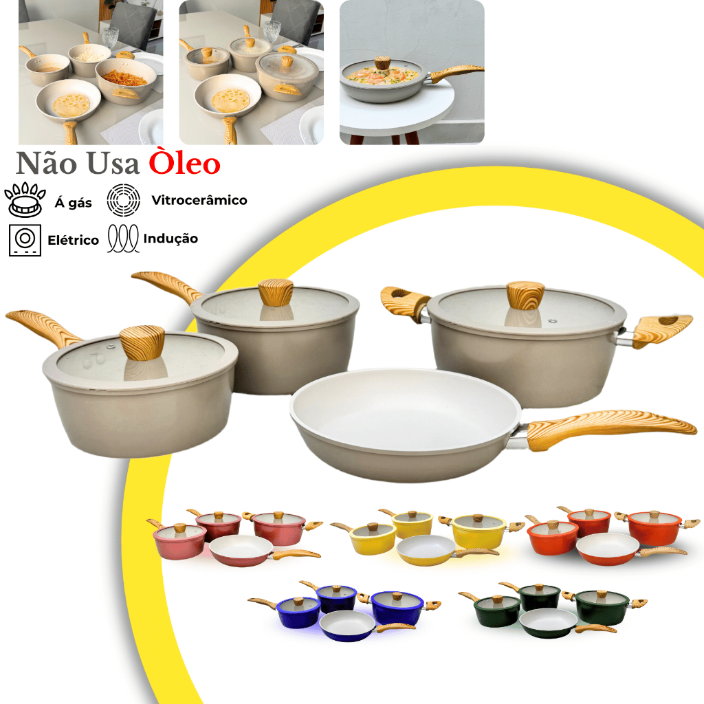 Imagem Jogo de Panelas 7 Peças Cerâmica Antiaderente Premium Conjunto Fogão Cooktop Indução Gás Elétrico