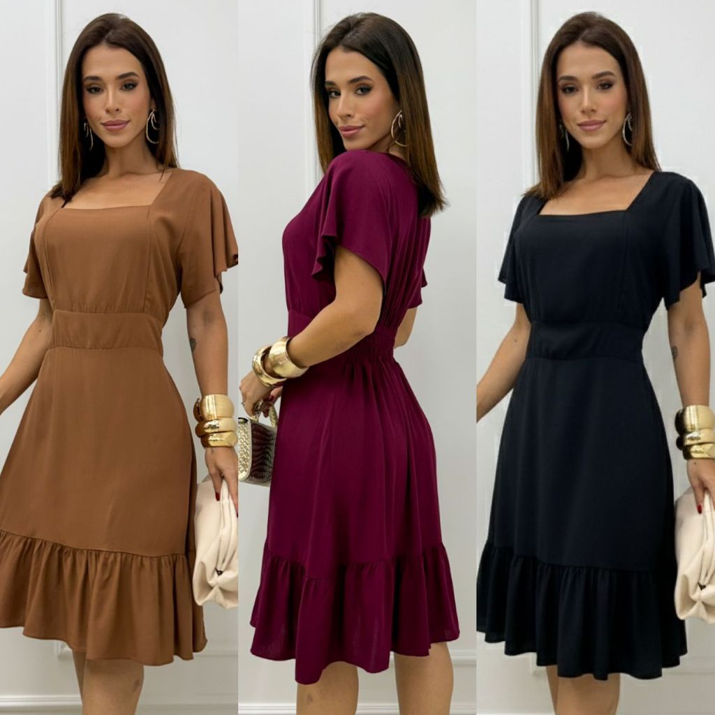 Vestido Feminino Curto com Manga Social Elegante Liso Cintura Marcada Trabalho Aniversário em Oferta na Shopee