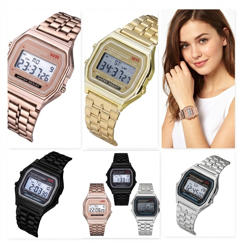 Relógio Digital Vintage Retrô Unissex LED Aço Resistente Prata Dourado Rose ajustável em Oferta na Shopee