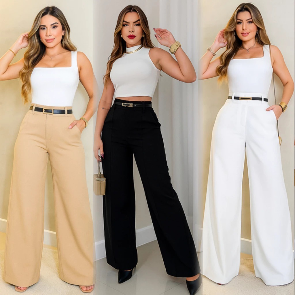 Kit 2 Calças Pantalona Com Cinto e Bolso alfaiataria Feminina Cintura Alta Zíper Lateral Flare Social Elegante