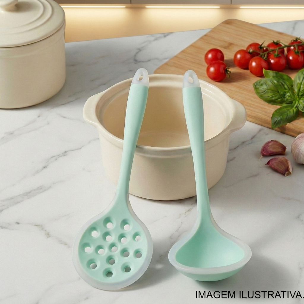 Kit Utensílios Silicone Concha e Espumadeira Circa Color Não Risca Panela