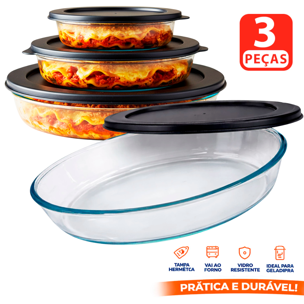 Kit 3 Travessas assadeiras Vidro Temperado Oval Com Tampa 3L/2,4L/1,6L Vai ao forno estilo Marinex em Oferta na Shopee