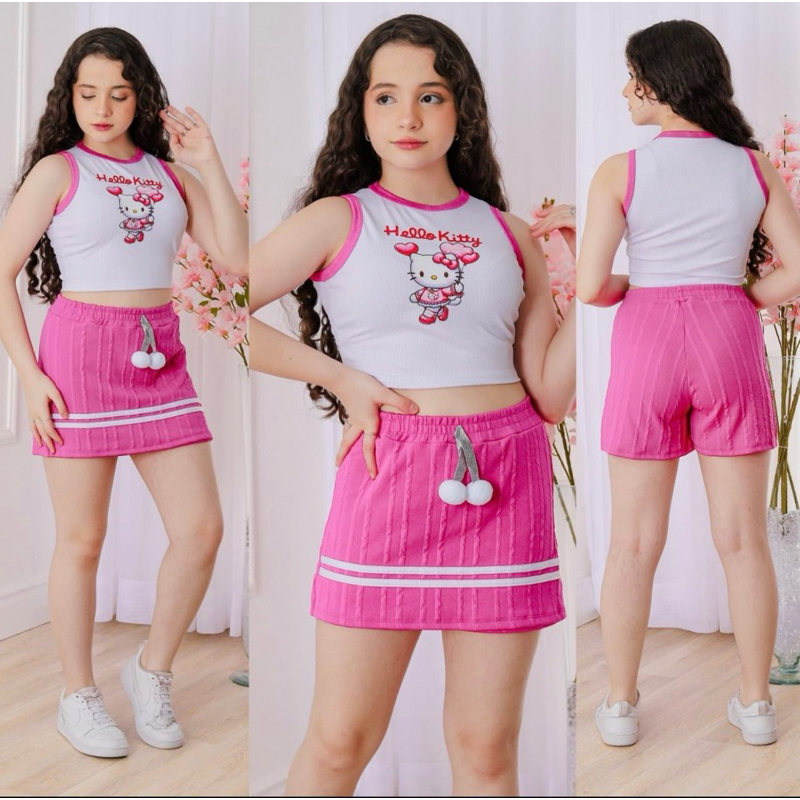 conjunto short saya e cropet H menina infantil e juvenil confortável e econômico para o dia a dia