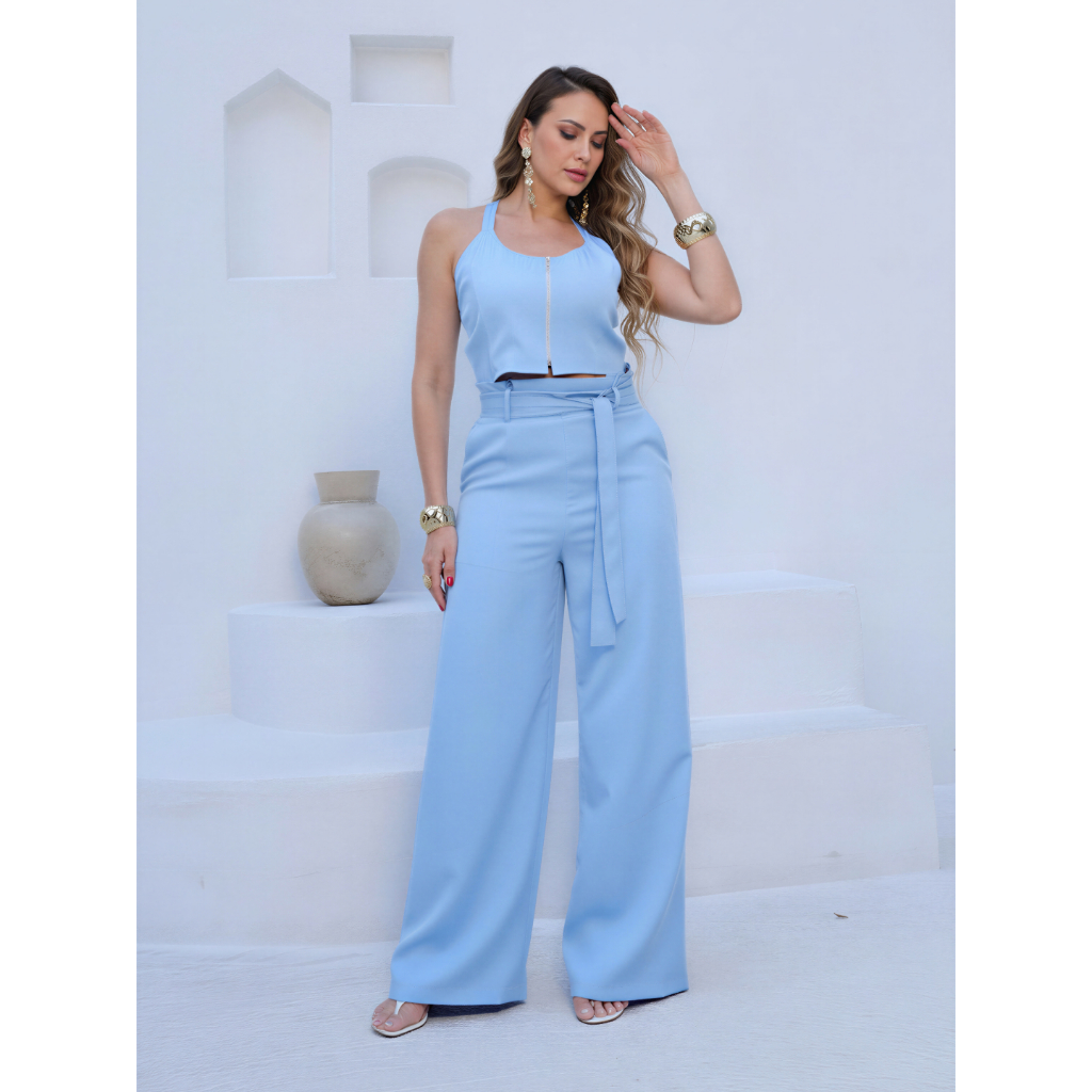 Conjunto Social Feminino Alfaiataria Elegante Blusa com Zíper e Calça Pantalona de Cintura Alta em Oferta na Shopee