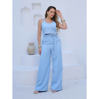 Conjunto Social Feminino Alfaiataria Elegante Blusa com Zíper e Calça Pantalona de Cintura Alta em Oferta na Shopee