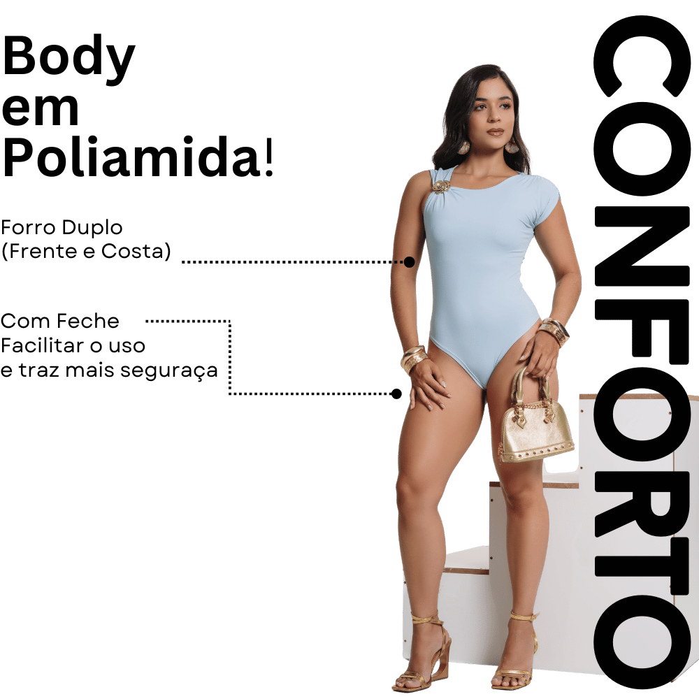 Body Feminino em Poliamida Premium Confortável e Elegante Com Fivela Dourada que Valoriza o Look.