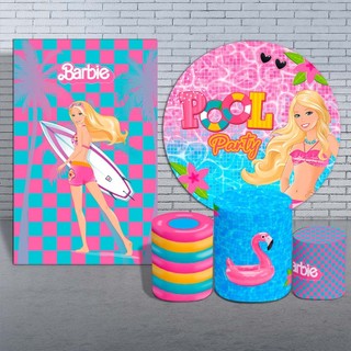 Capa Painel Redondo Pool Party  + Trio Cilindro Festa Luxo Tema Boneca Verão Flamingo Lançamento