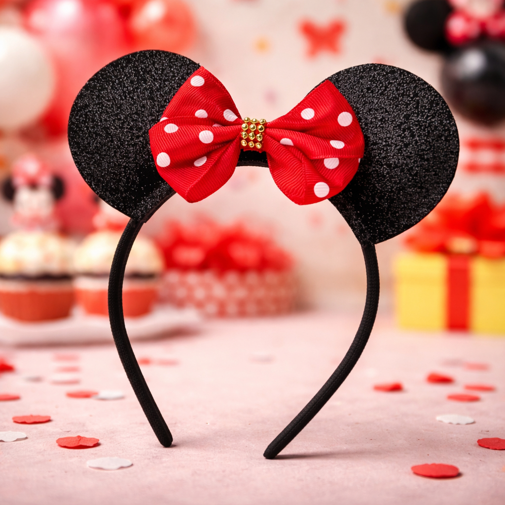 Arquinho Minnie Infantil com Orelhas Glitter e Laço Vermelho Poá – Tiara Luxo para Festa e Fantasia