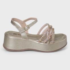 Sandália Infantil Feminina Salto Plataforma Dourada Strass Confortável Brilho Original