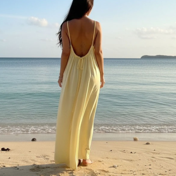 Vestido Longo Feminino Soltinho Leve Elegante  Costa Nua Com Fenda Lateral Confortavel