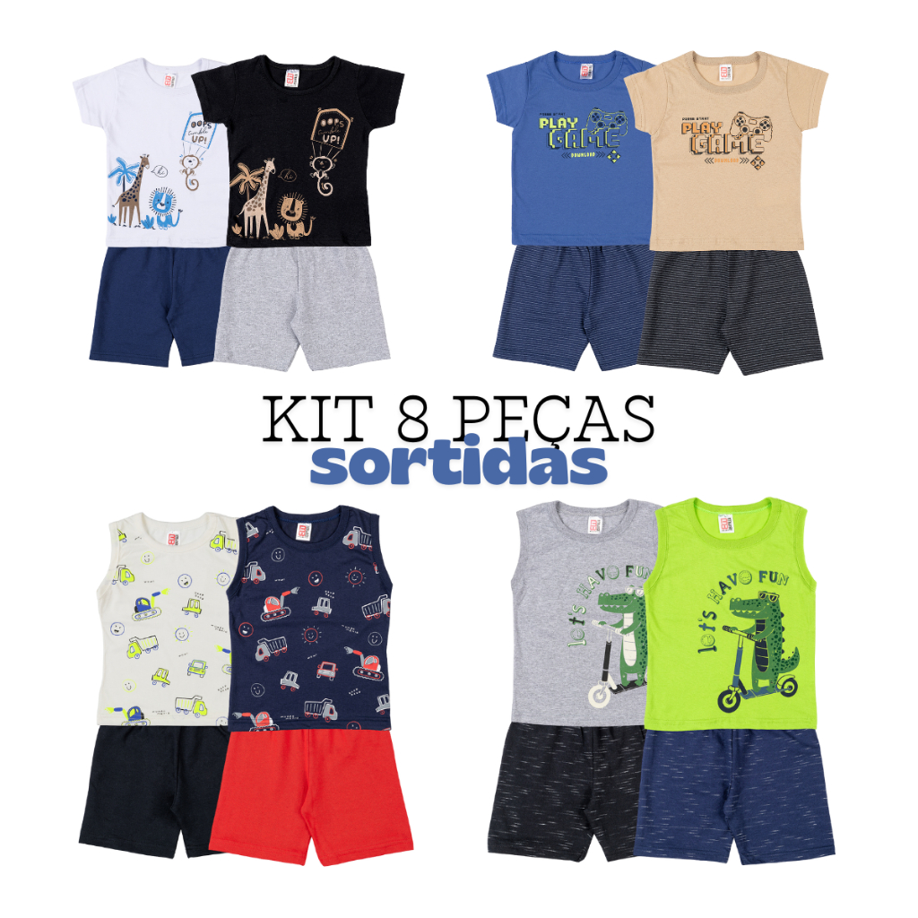 kit 4 Conjunto Infantil Menino Algodão Camisetas Regatas Bermudas  roupa em Oferta na Shopee