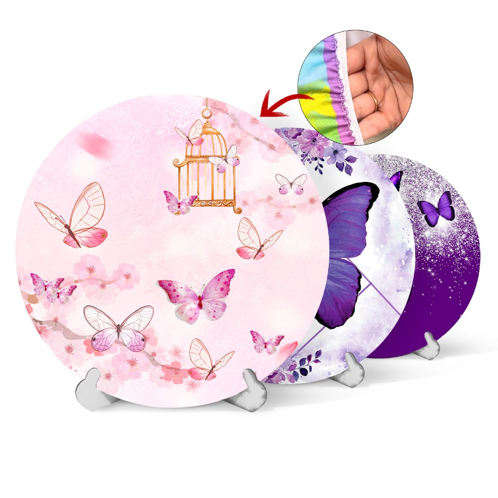 Capa Painel Redondo Mesa Borboletas Diversas Cores Sublimado Elástico 50Cm em Oferta na Shopee