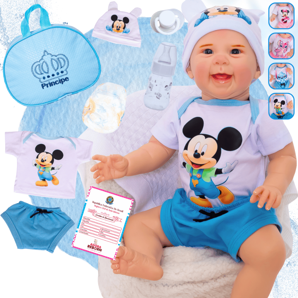 Boneco Bebê Reborn Mayze Mickey Menino Original Realista de Silicone Pode Dar Banho