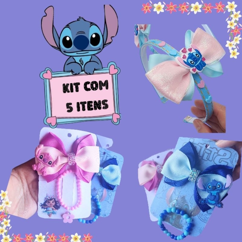 KIT LAÇO STITCH OU ANGEL 9CM + PULSEIRA / TIARA INFANTIL / BICO DE PATO 6CM FORRADO / ACESSÓRIO MENINA