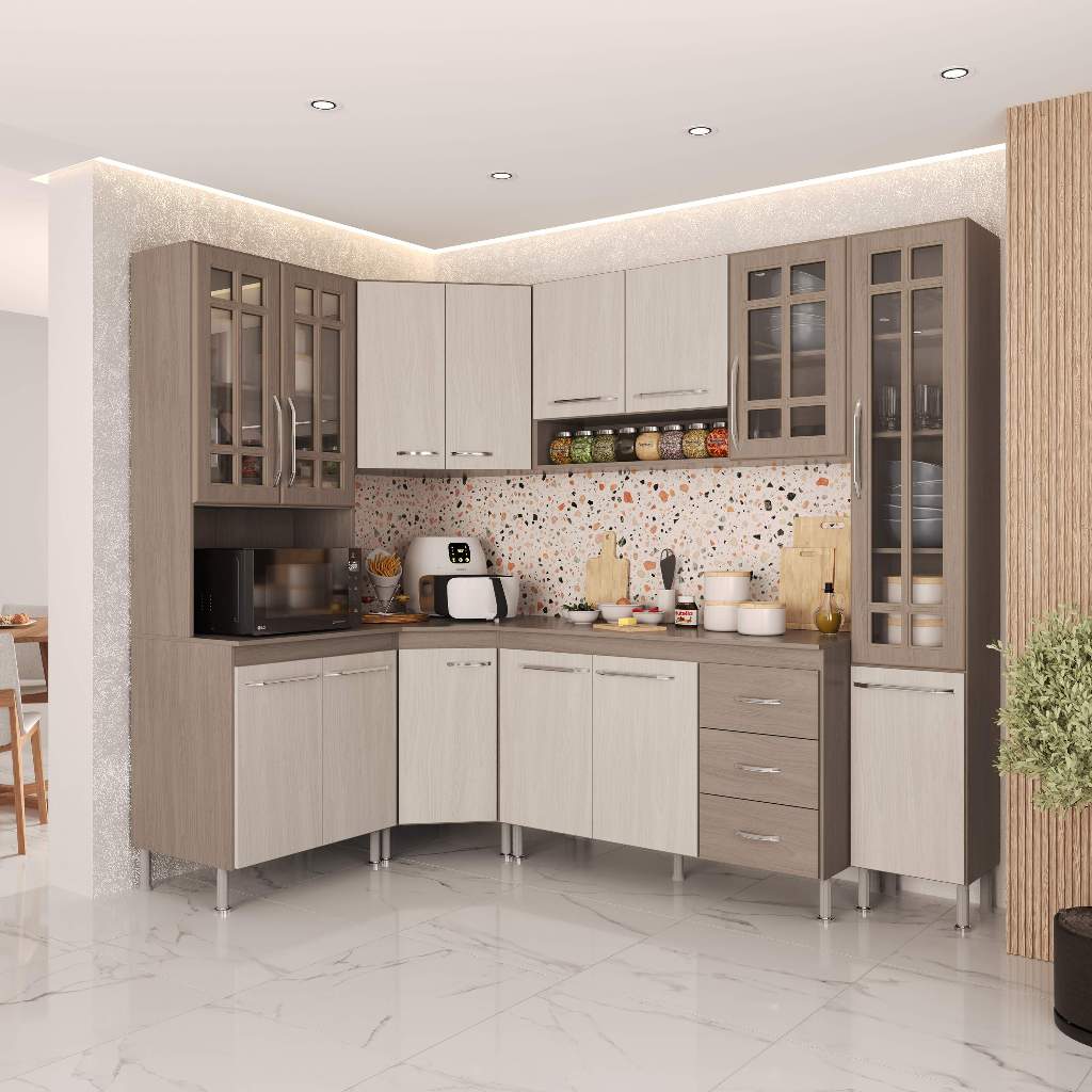 Armário de Cozinha Modulada Completa Fidelitá Paris 6 Peças 375cm 14 Portas 3 Gavetas Com Tampo Nogal/Salinas