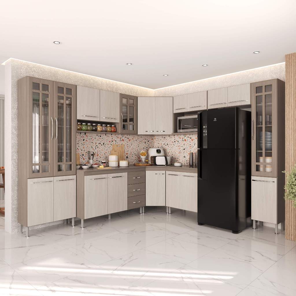 Armário de Cozinha Modulada Completa Fidelitá Paris 9 Peças 515cm 20 Portas 3 Gavetas Com Tampo Nogal/Salinas em Oferta na Shopee