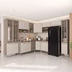 Armário de Cozinha Modulada Completa Fidelitá Paris 9 Peças 515cm 20 Portas 3 Gavetas Com Tampo Nogal/Salinas