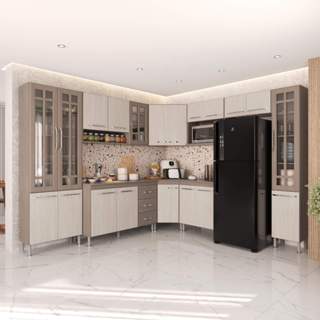 Armário de Cozinha Modulada Completa Fidelitá Paris 9 Peças 515cm 20 Portas 3 Gavetas Com Tampo Nogal/Salinas em Oferta na Shopee