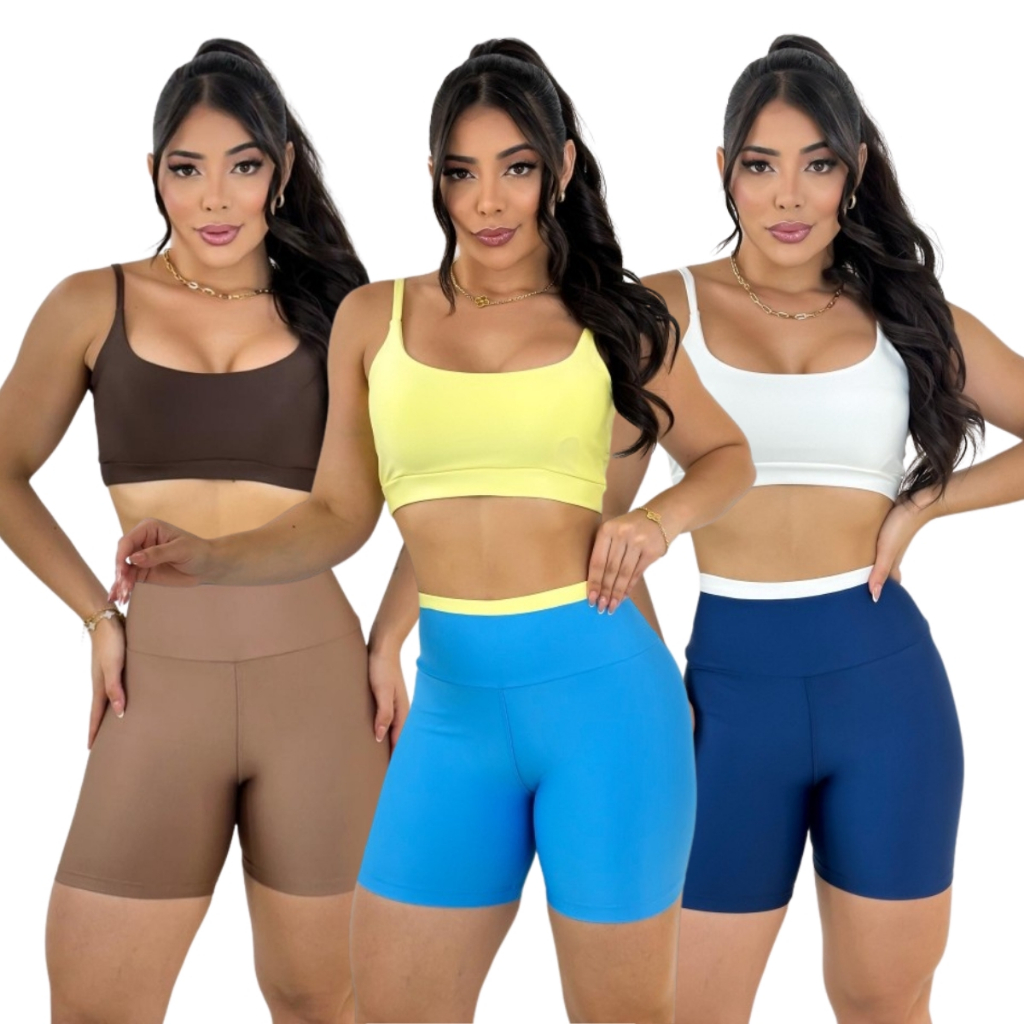 Conjunto top e short academia zero transparência bojo removível cintura alta premium crossfit fitness em Oferta na Shopee