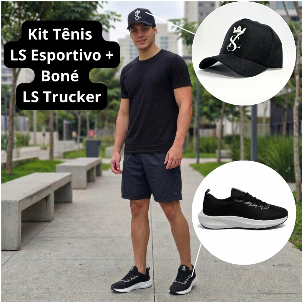 Kit Tênis LS Esportivo + Boné LS Trucker Original , Tênis Preto e Branco Leve , Confortável + Boné Preto Aba Curva !