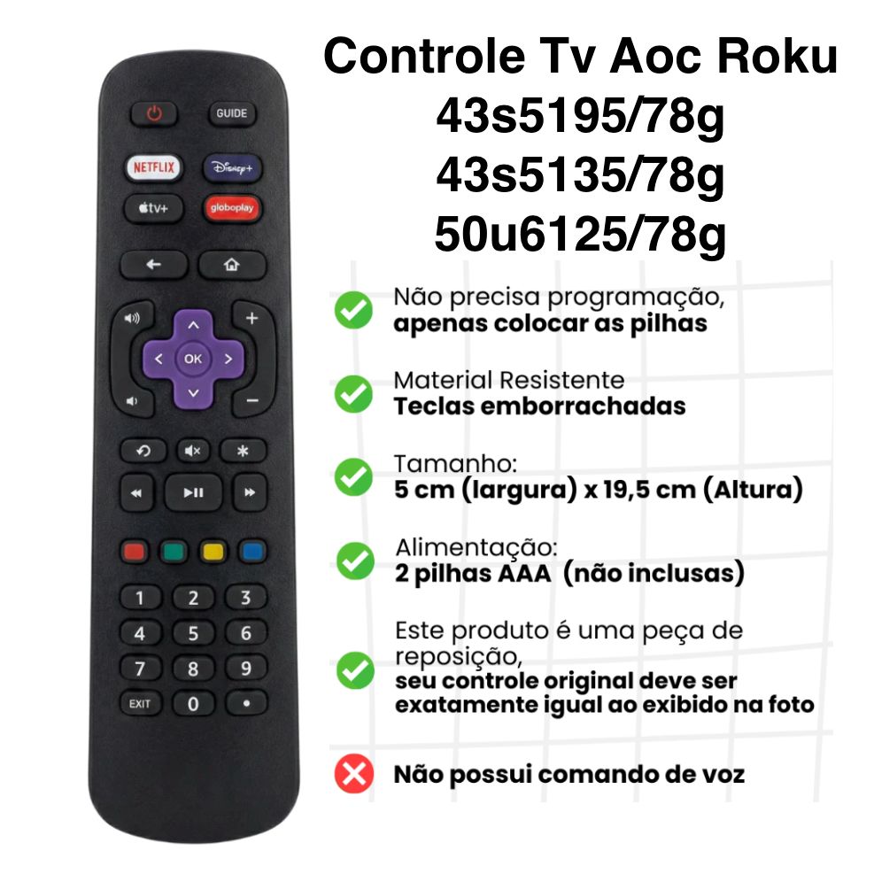 Controle Remoto TV Smart AOC Roku 32S5195/78G 43S5195/78G Netflix GloboPlay DAZN Deezer 9091 em Oferta na Shopee