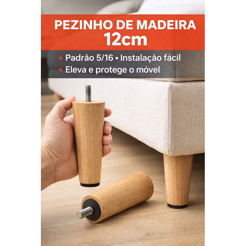 Pezinho de Madeira para Sofá e Cama com Parafuso – Kits 4/6/7/8/12 Unidades - 12cm em Oferta na Shopee