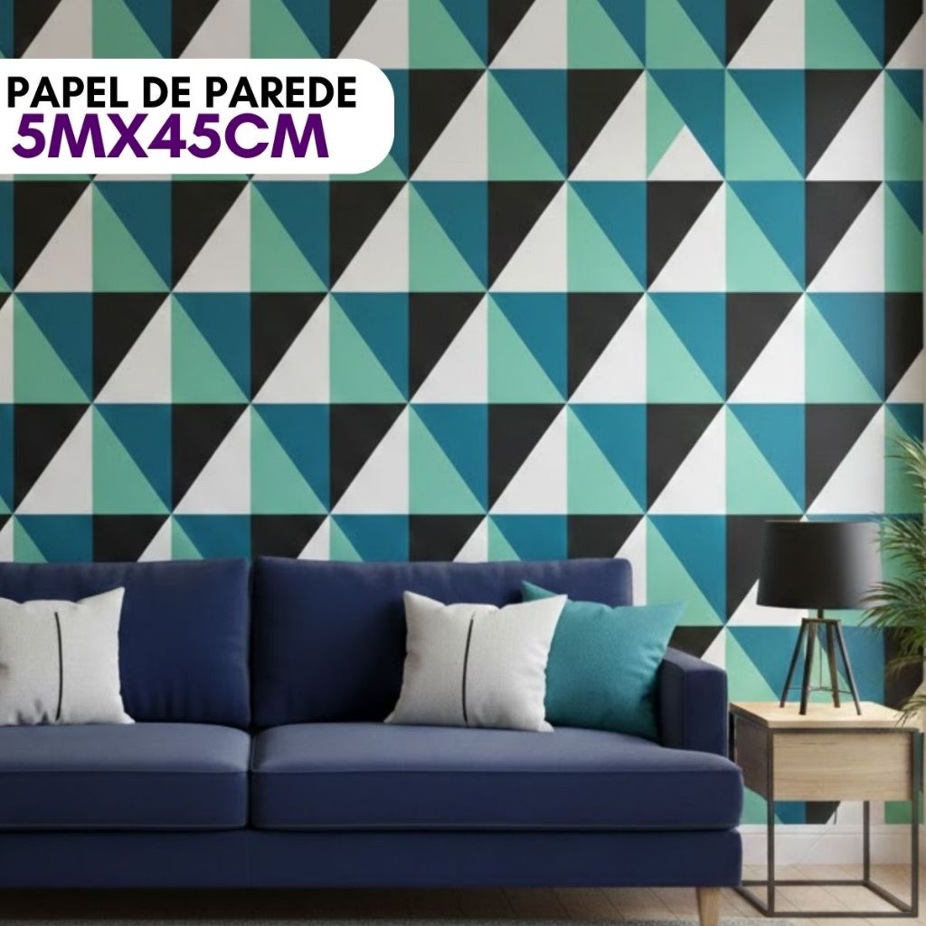 Papel de Parede Retrô Geométrico Preto e Azul Adesivo Impermeável Ideal Sala Quarto Cozinha 5M em Oferta na Shopee