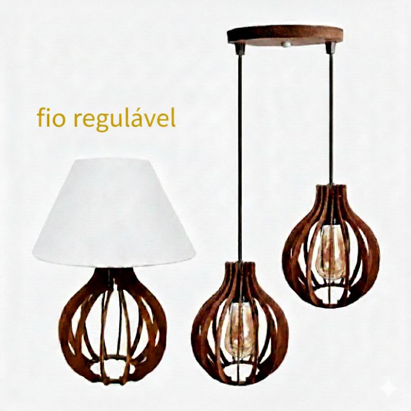 Kit Luminária pendente lustre de madeira duplo retro camurça E Abajur Luminária Em Mdf Bivolt