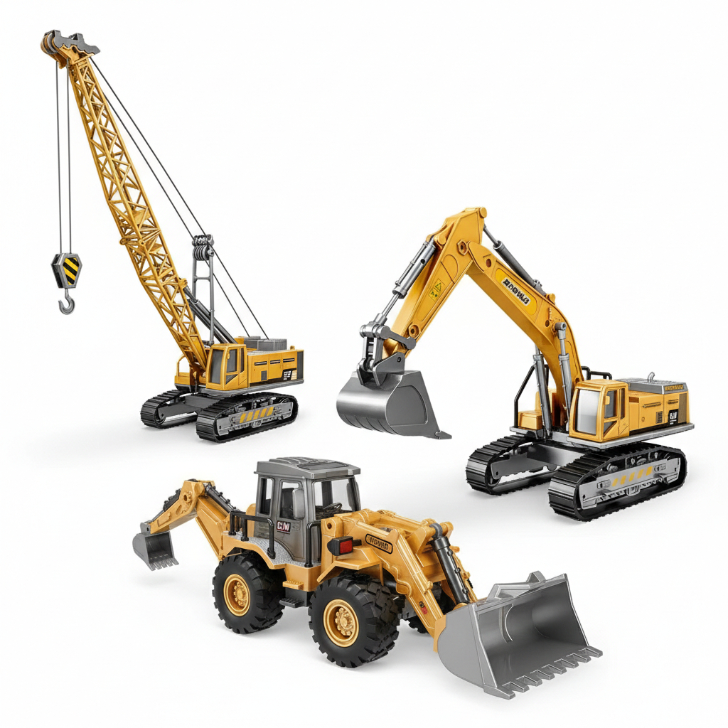 Carrinho Miniaturas Construção Civil Trator Escavadeira Guindaste Rolo Compressor Retroescavadeira 1:55
