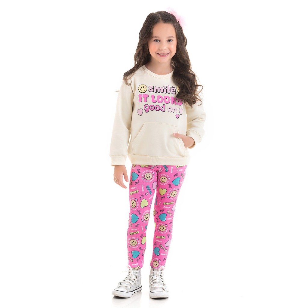 Conjunto Manga Longa Infantil Feminino Menina Inverno Casaco Moletom Peluciado Com Bolso Legging Térmica Peluciada