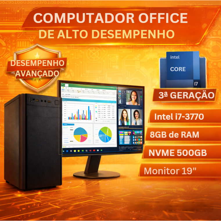 Computador Intel Core i7 3ª Geração - SSD de 500GB Nvme - 8GB de Memória RAM - Monitor de 19"