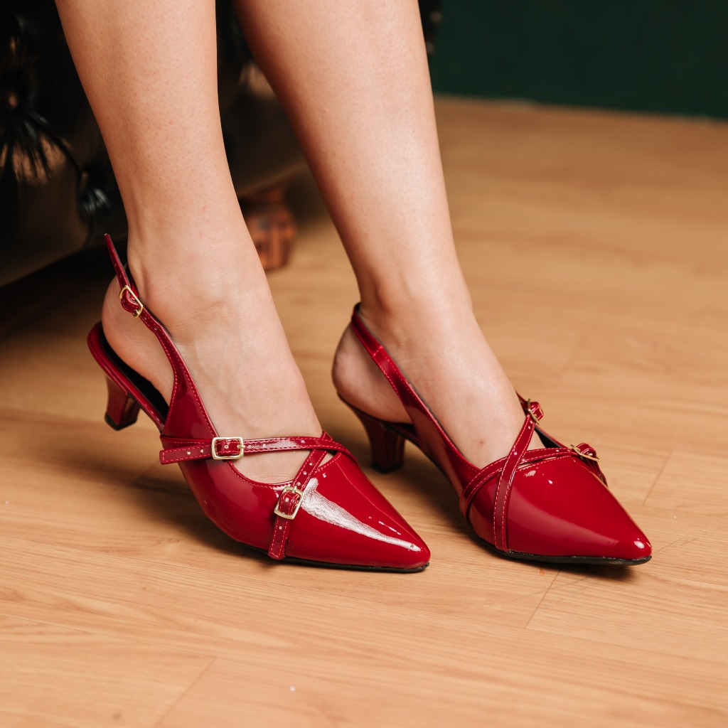 Sapato Feminino Scarpin Social Slingback Bico Fino Salto Fino Baixo Fivelas Leve Confortável em Oferta na Shopee
