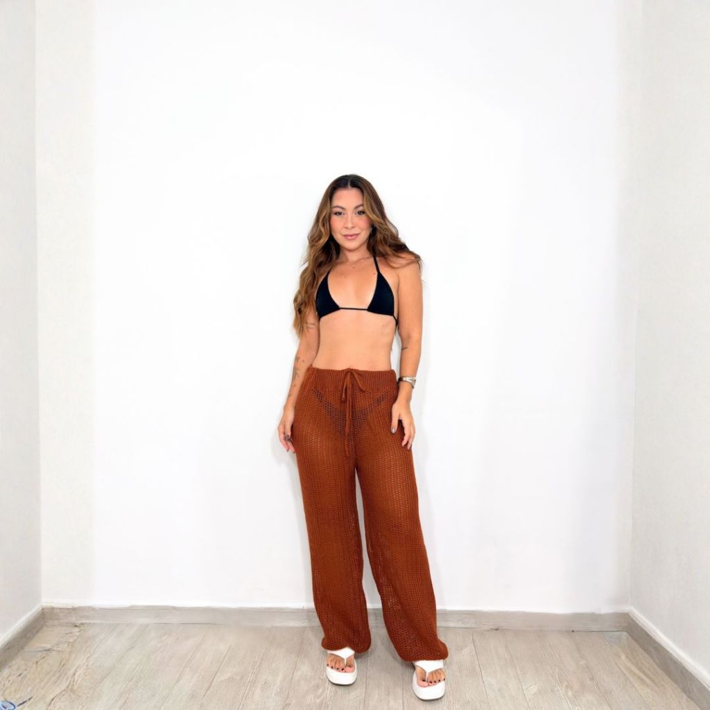 Calça Pantalona Saída De Praia Trico Feminino Moda Verão Cintura Alta Tricot