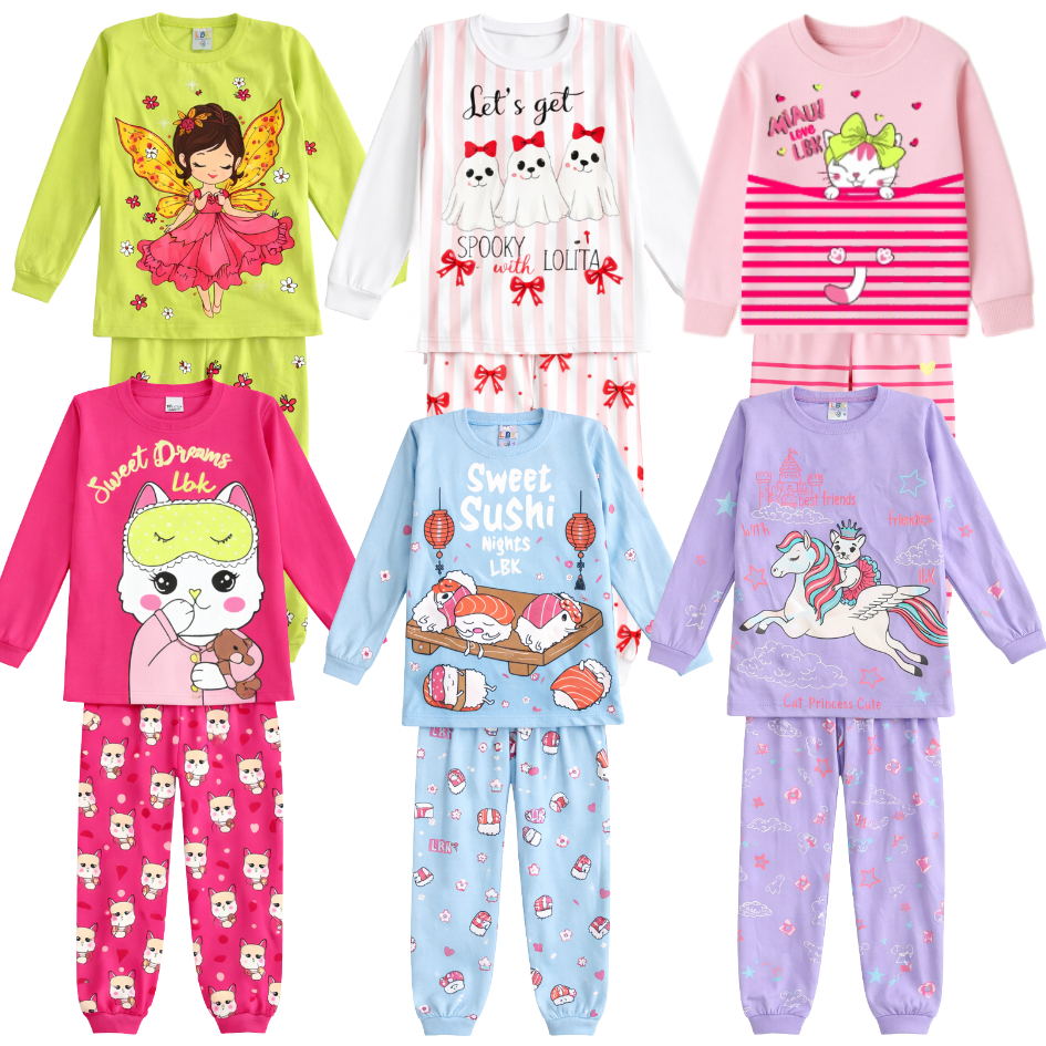 Kit pijama infantil frio estampado 2 conjuntos manga longa inverno calça e blusa menina criança