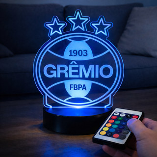 Luminária LED do GRÊMIO - Luz no Acrílico - Base PRETA ou BRANCA - Com CONTROLE REMOTO