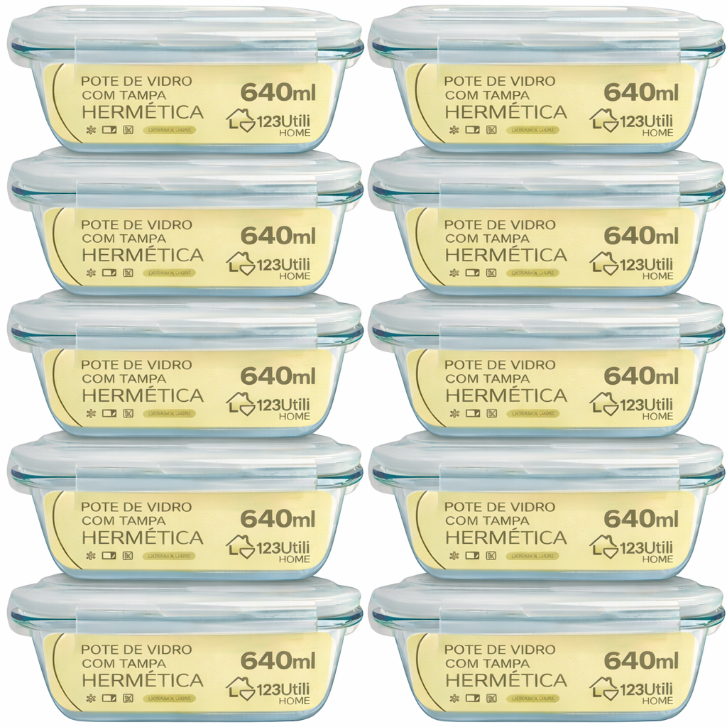 Kit 10 Potes de Vidro 640ml Hermético  Marmita de Vidro com Tampa Não Vaza