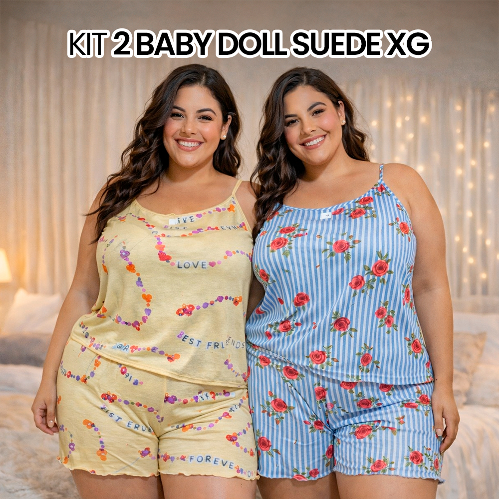 Kit 2 Baby Doll Feminino Plus Size XG Suede Estampado – Super Confortável