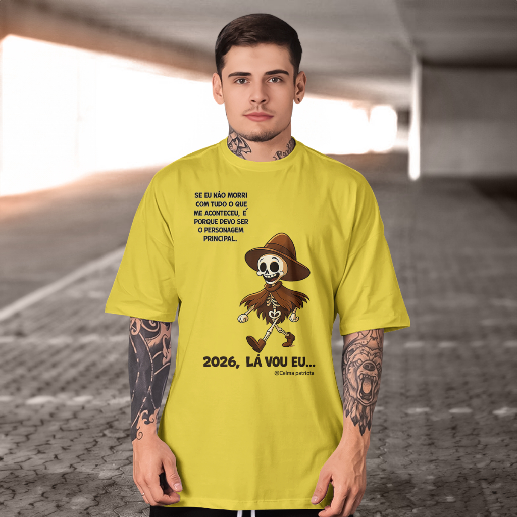 Camiseta Esqueleto caubói lá vou eu! Masculina Manga Curta 100% Algodão