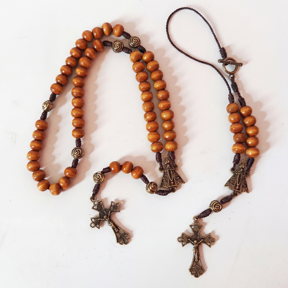 Kit Terço Católico Nossa Senhora Aparecida + Terço de Retrovisor Madeira 8mm Artesanal Ouro Velho