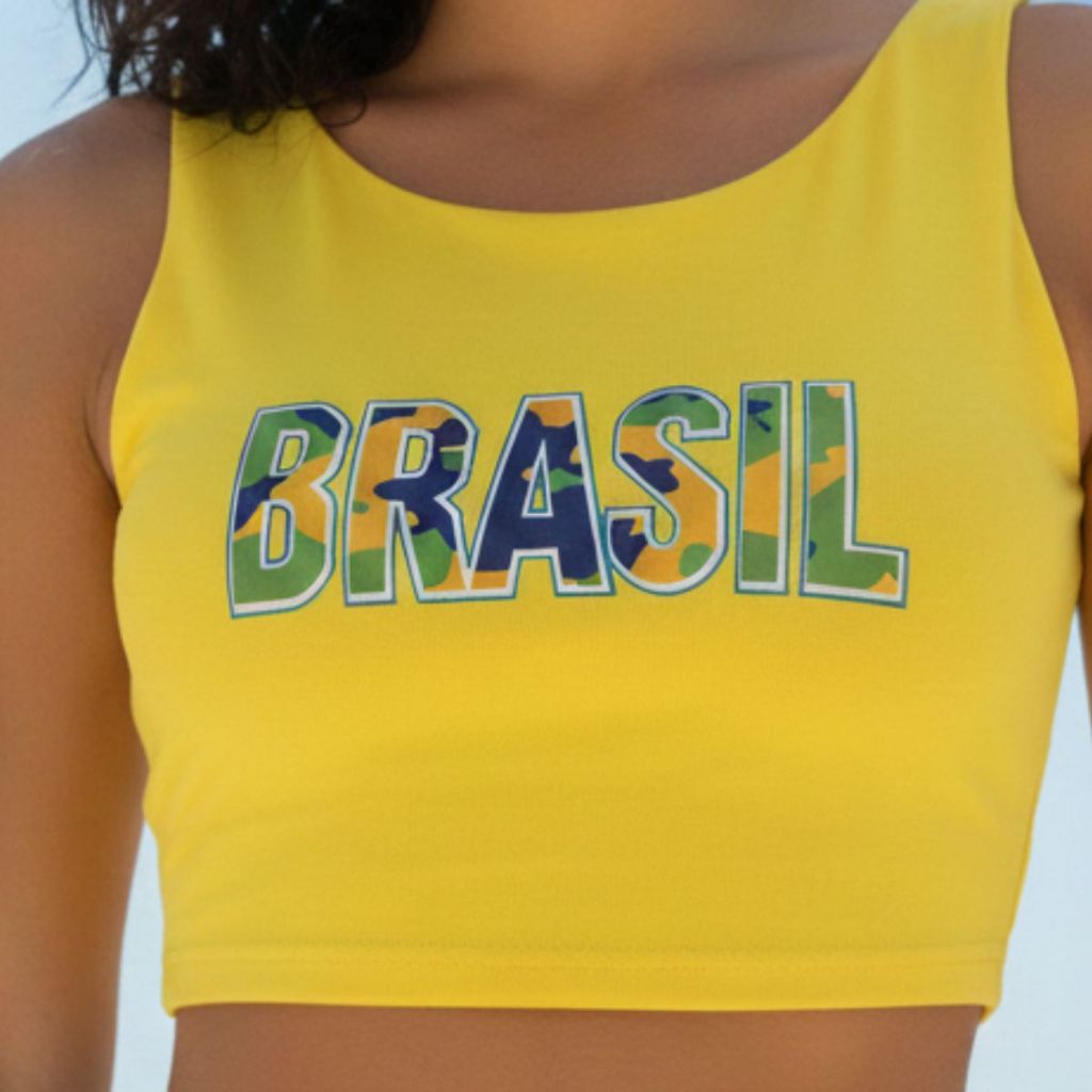 Blusa Cropped Feminina Brasil Amarela Regata Estampada Copa Do Mundo