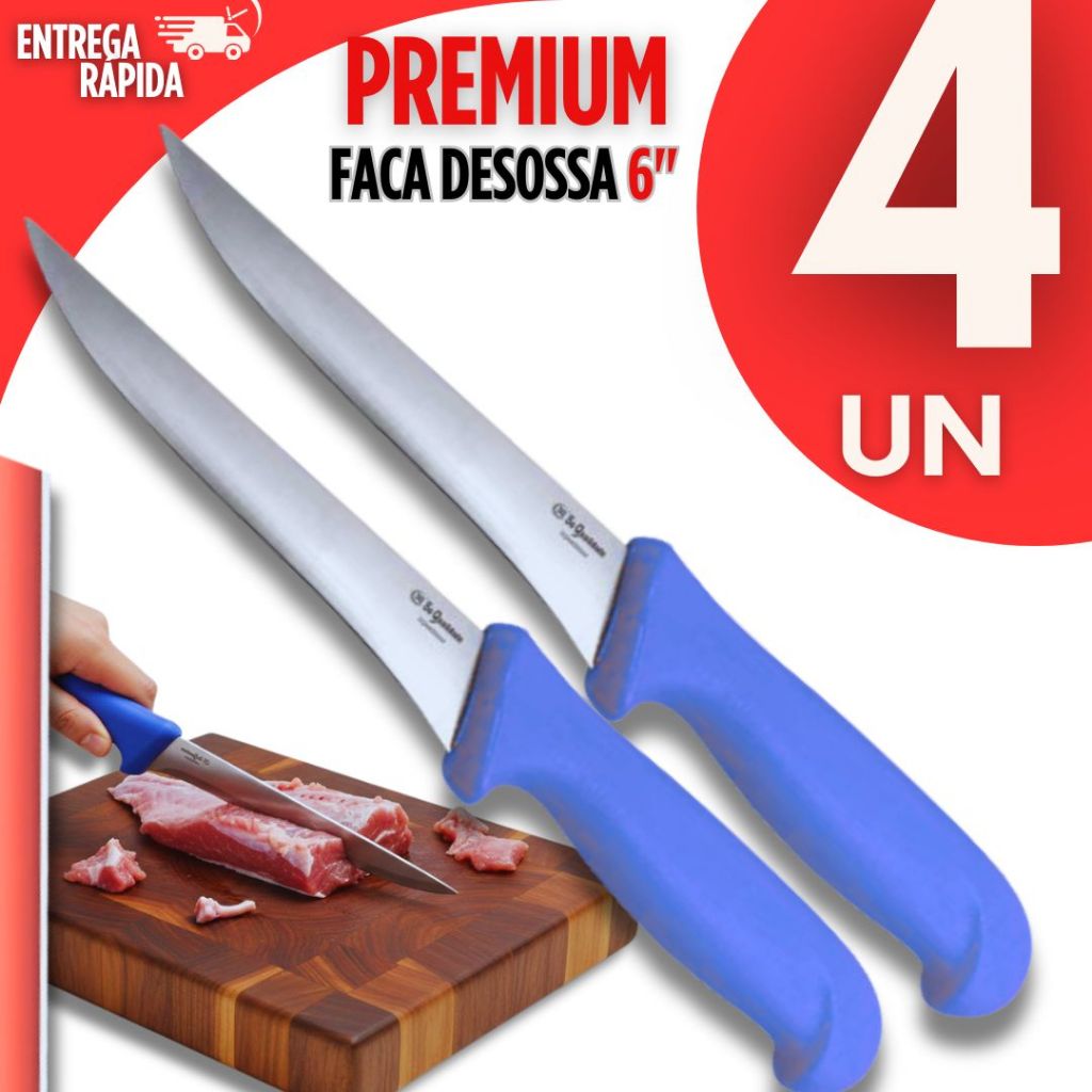 Kit 4  - Faca Profissional para Desossar Carne Peixe 6" Premium em Inox Cabo Ergonômico  Utilidades