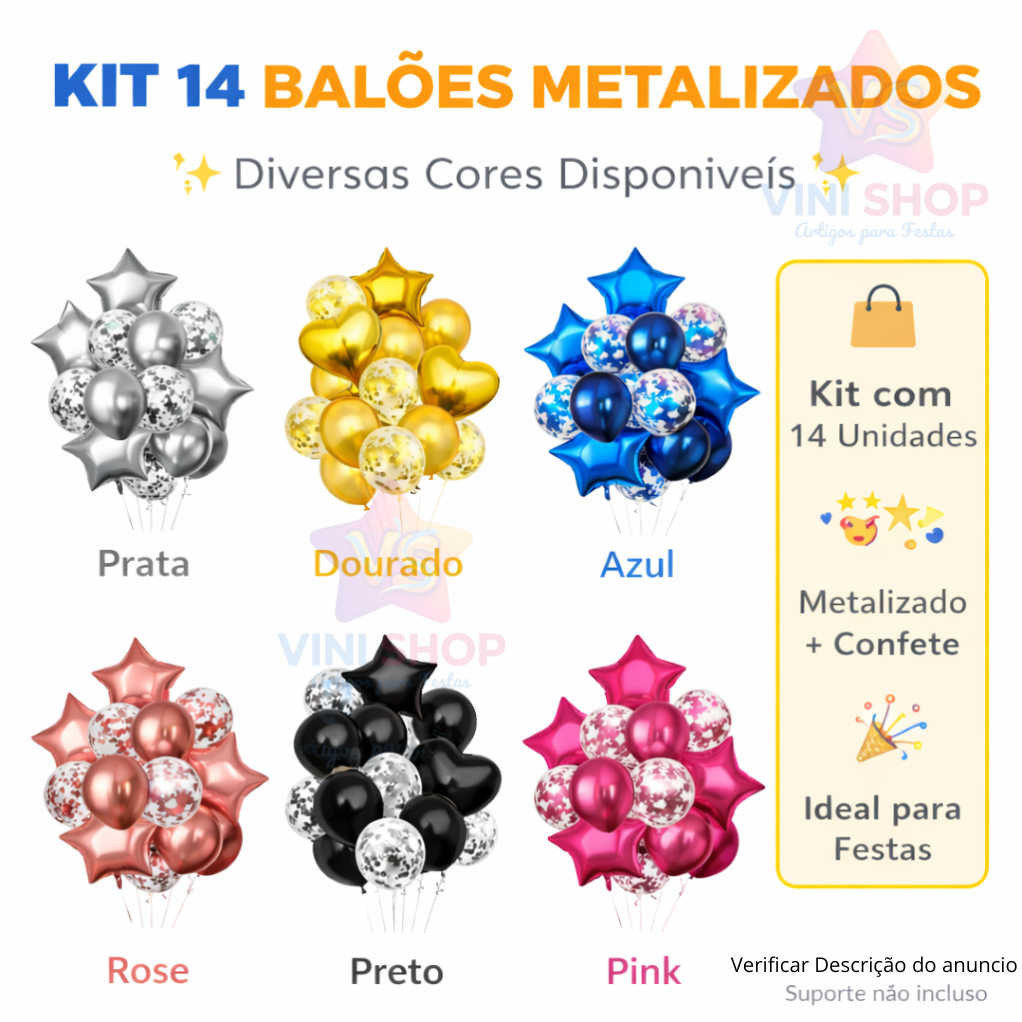 Kit Buquê de Balões Metalizados com Confete 14 Peças – Decoração Festa Aniversário em Oferta na Shopee