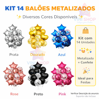 Kit Buquê de Balões Metalizados com Confete 14 Peças – Decoração Festa Aniversário em Oferta na Shopee