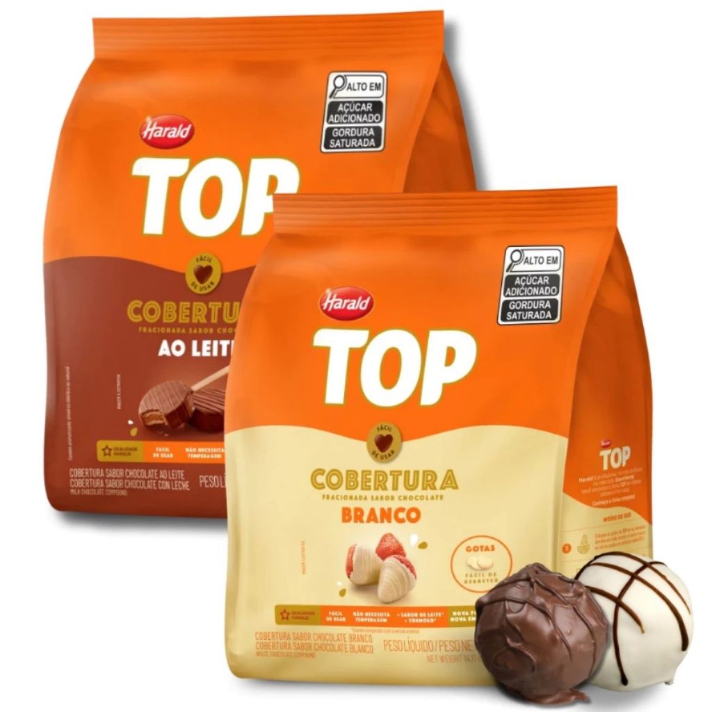 Kit Cobertura Fracionada Harald Top Gotas Chocolate Ao Leite + Branco 400g Cada
