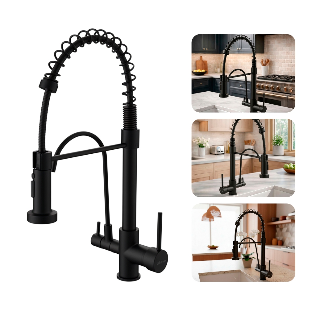 Torneira Misturador para Cozinha Gourmet 360° de Bancada com 2 Jatos Spray e Ducha Preta Brinovar
